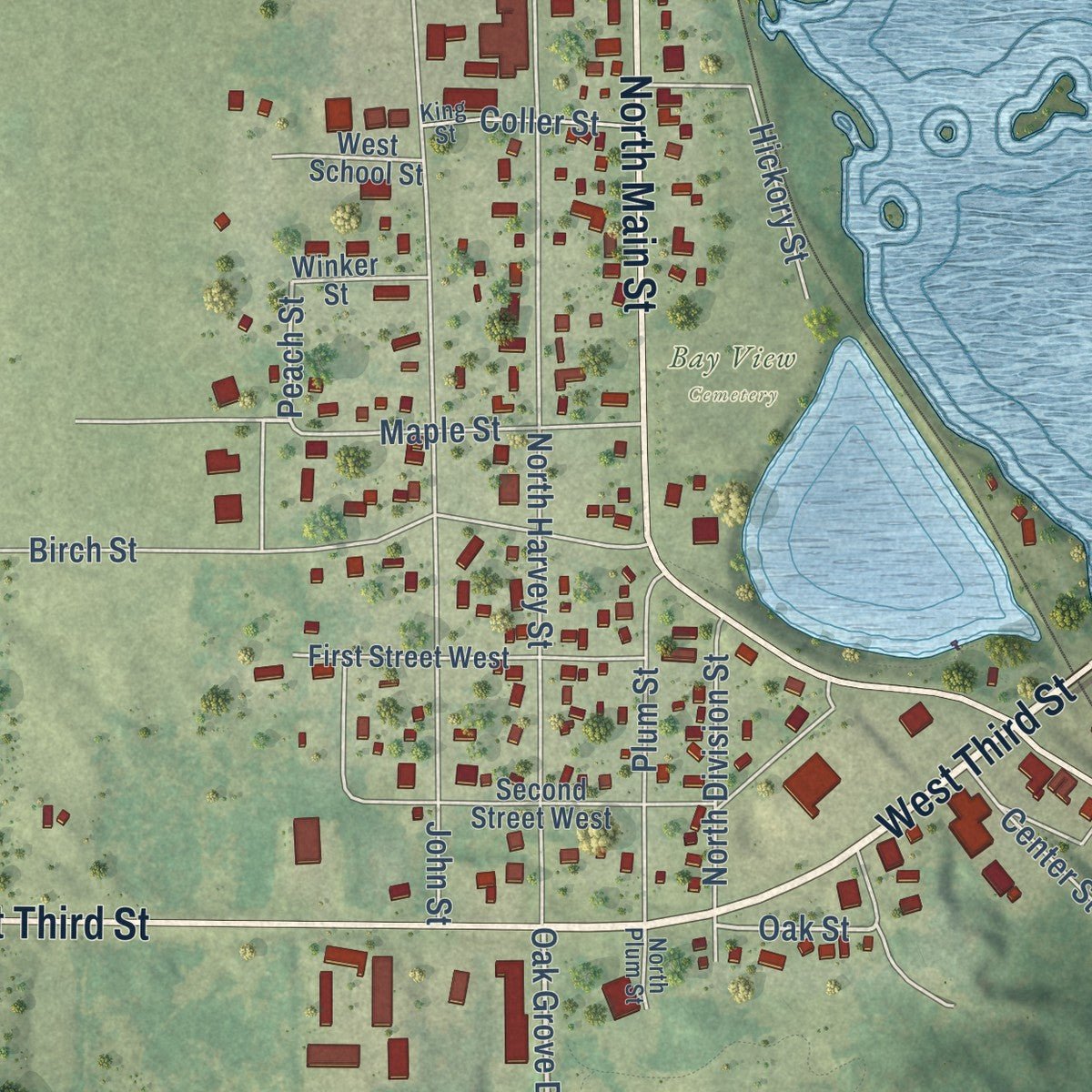 Second close-up of the map of Necedah, Wisconsin print showing more streets and buildings