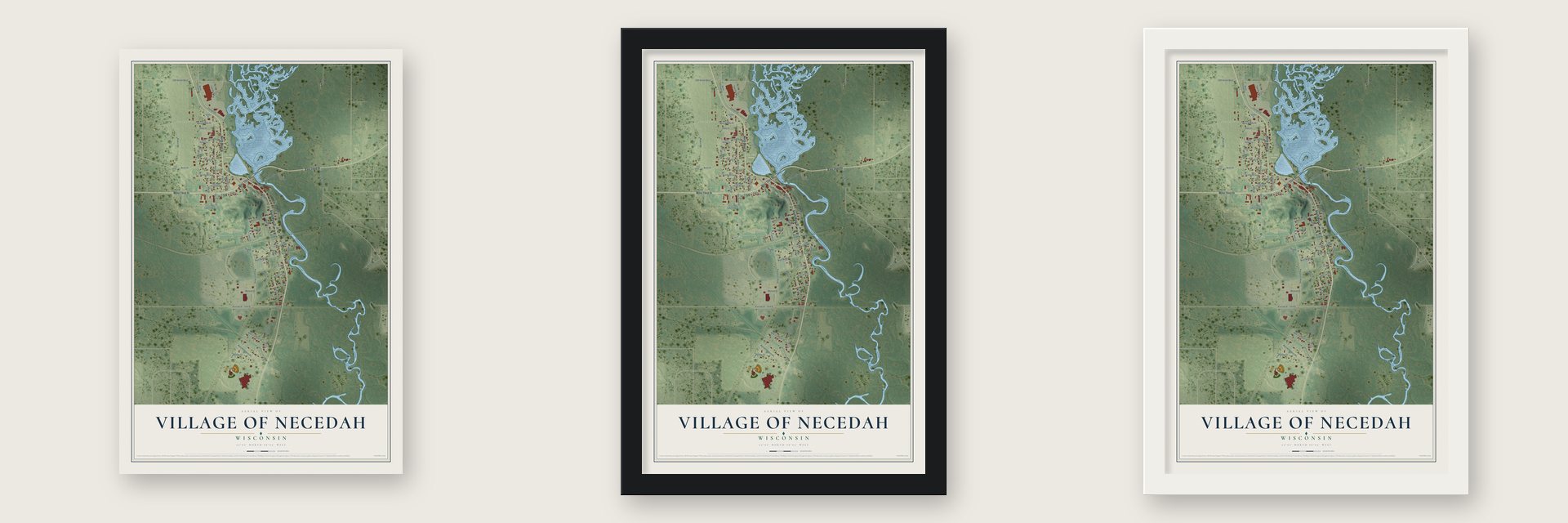 Necedah, Wisconsin map unframed, in a black wood frame and in a white wood frame