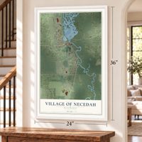 Necedah, Wisconsin map, 24 x 36 inch print in a white frame by a staircase