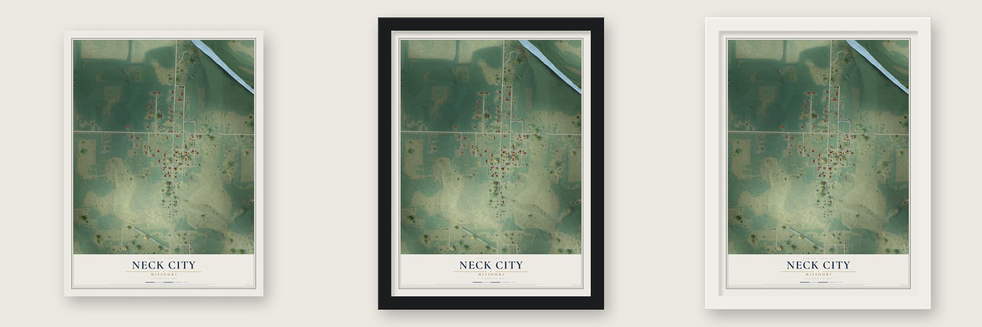Neck City, Missouri map unframed, in a black wood frame and in a white wood frame