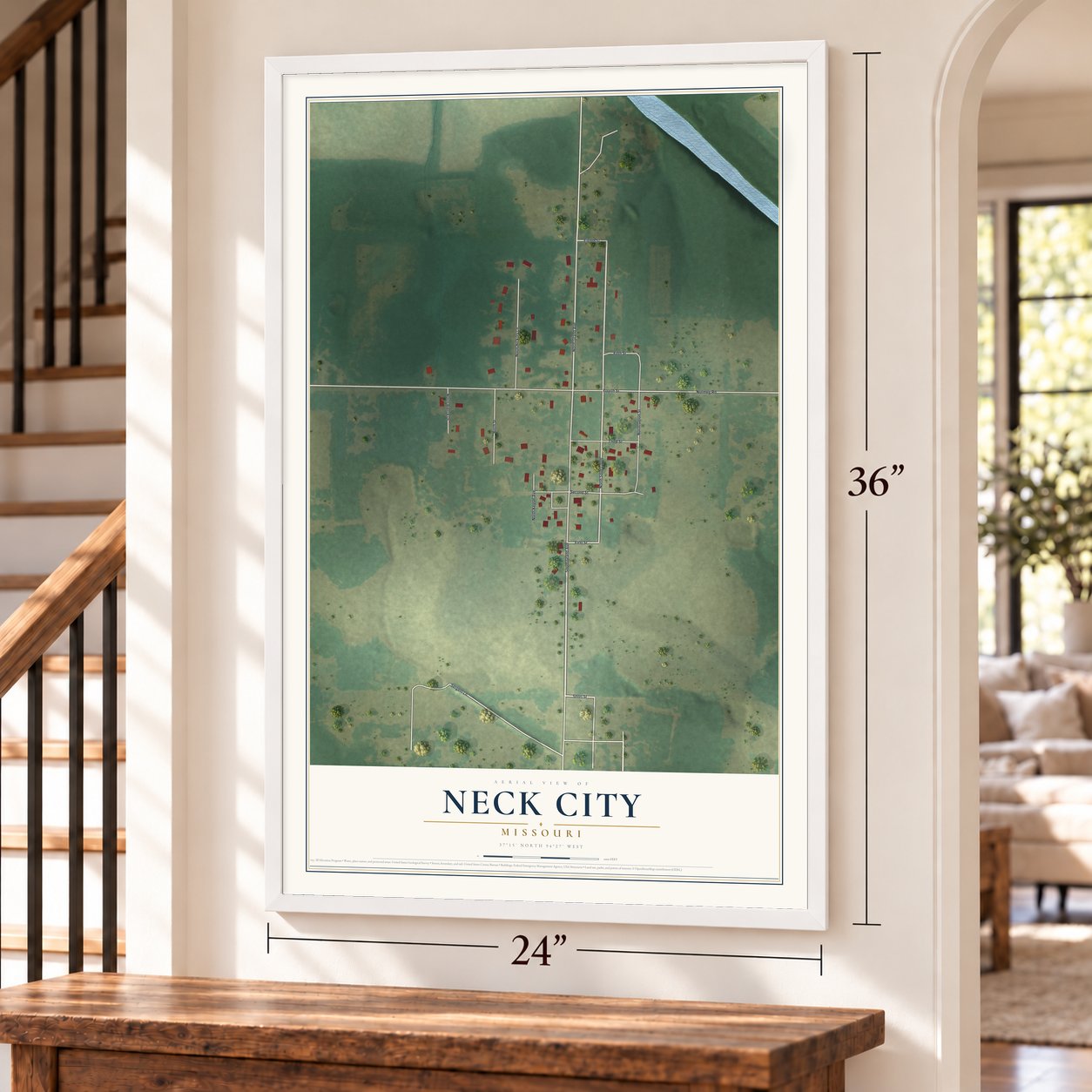 Neck City, Missouri map, 24 x 36 inch print in a white frame by a staircase