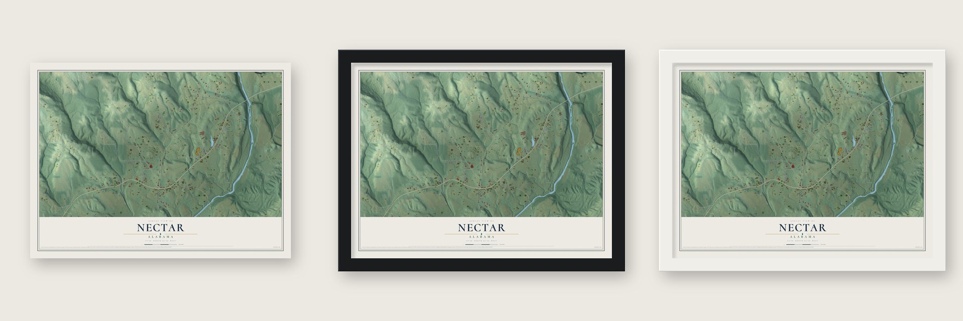 Nectar, Alabama map unframed, in a black wood frame and in a white wood frame