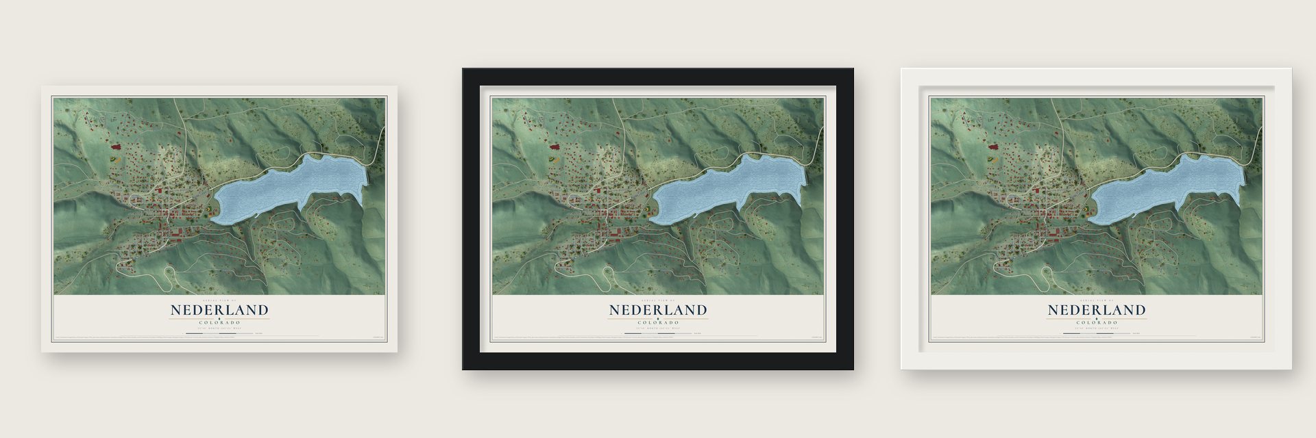 Nederland, Colorado map unframed, in a black wood frame and in a white wood frame