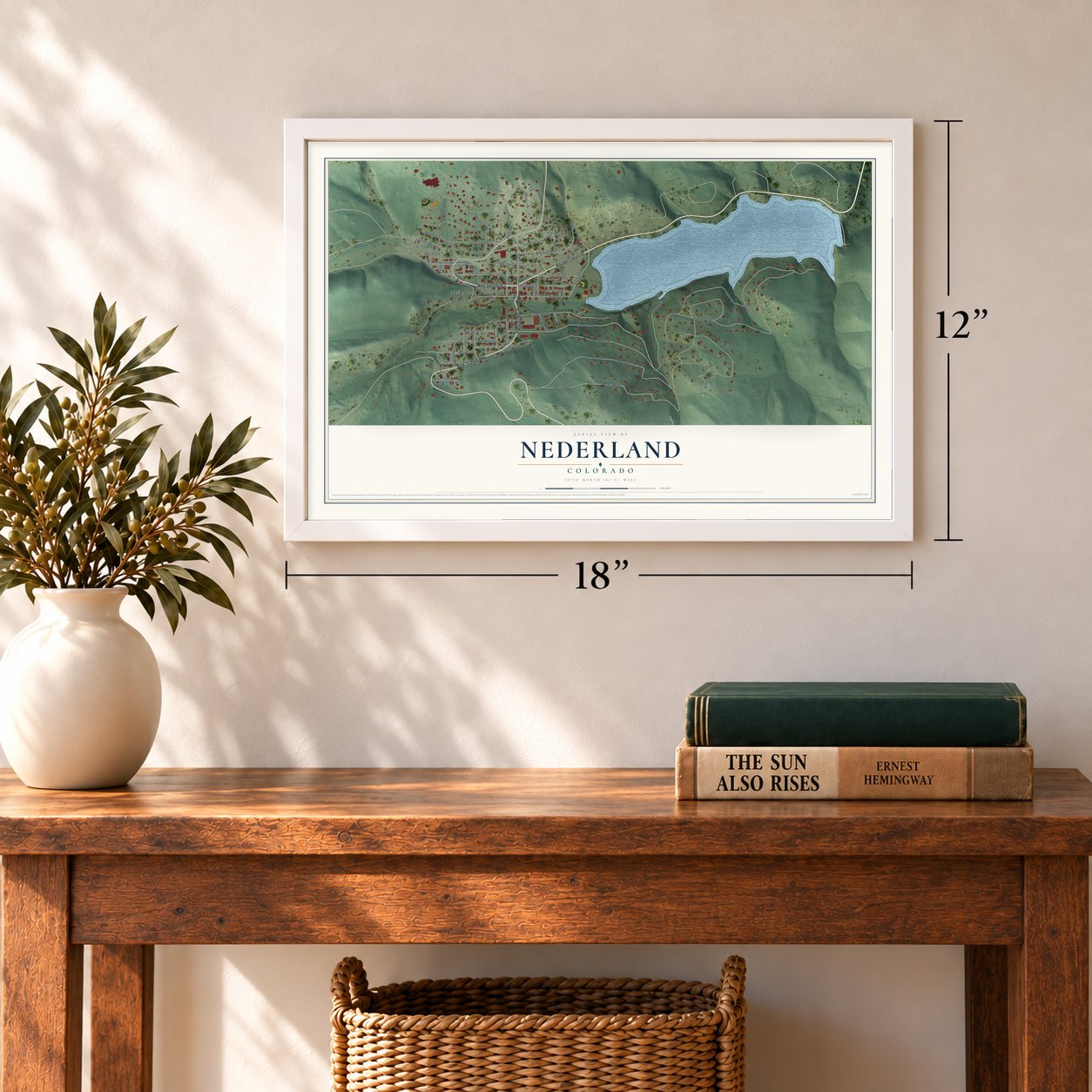 Nederland, Colorado map, 12 x 18 inch print in a white frame in an entryway