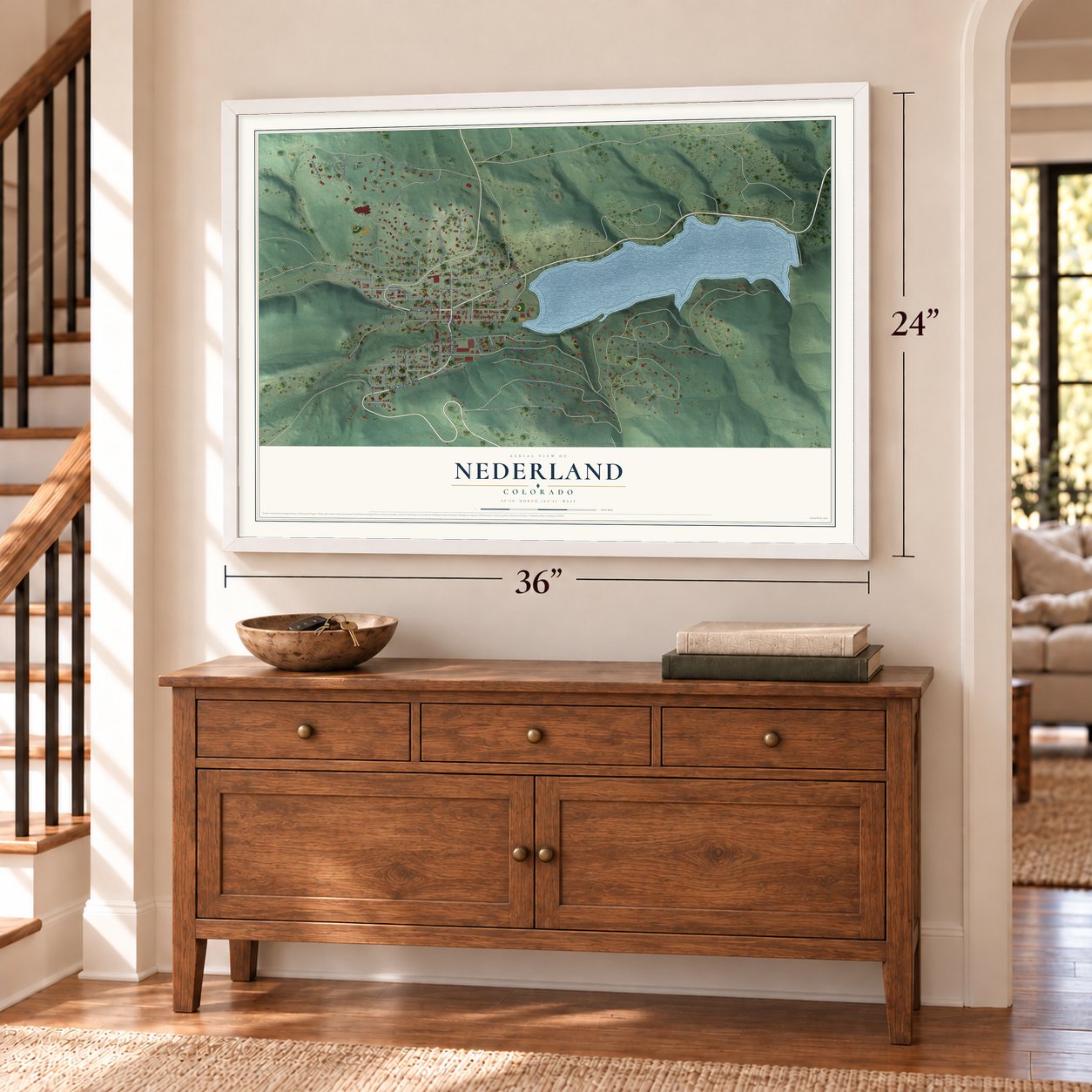 Nederland, Colorado map, 24 x 36 inch print in a white frame above a dresser by a staircase