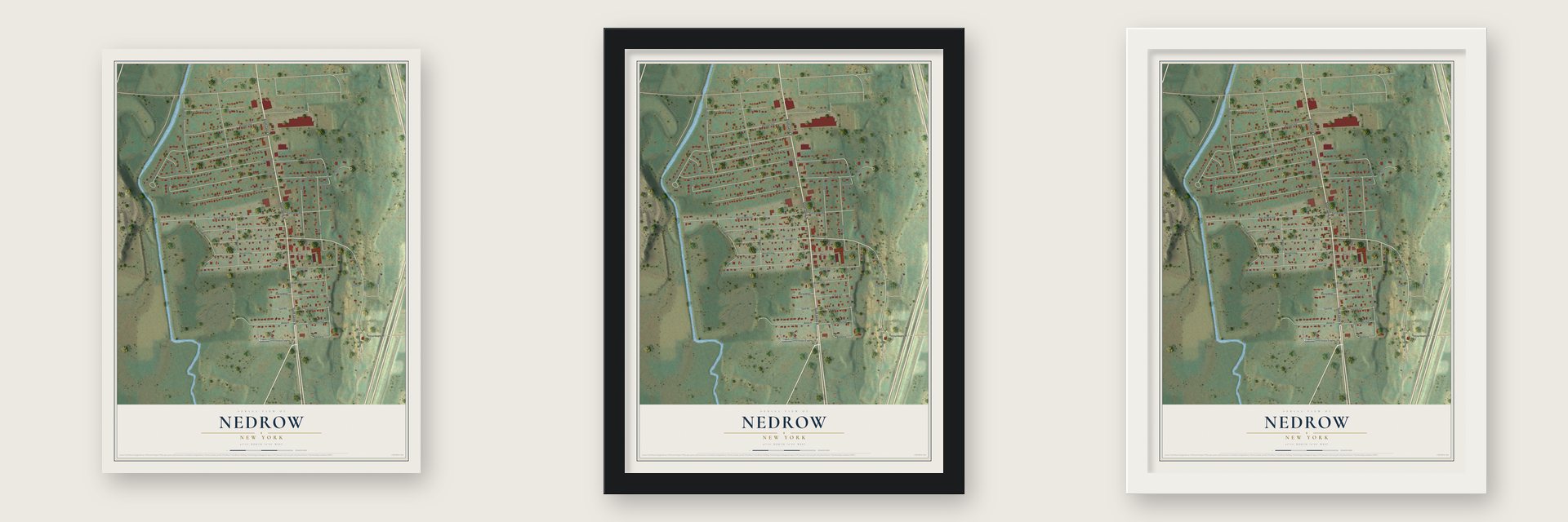 Nedrow, New York map unframed, in a black wood frame and in a white wood frame