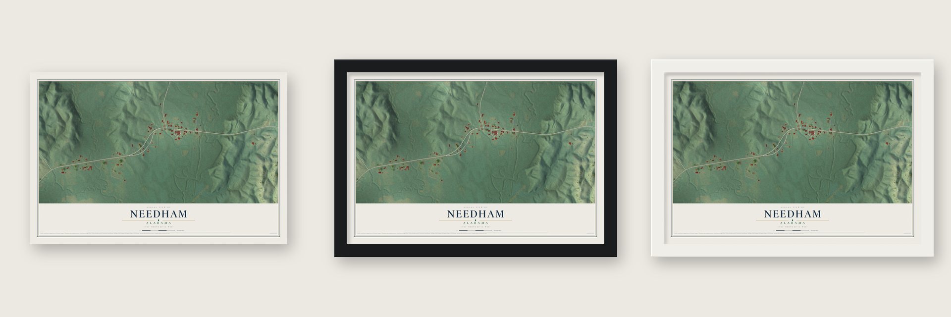 Needham, Alabama map unframed, in a black wood frame and in a white wood frame