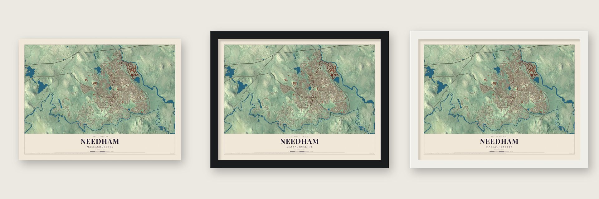 Needham, Massachusetts map unframed, in a black wood frame and in a white wood frame