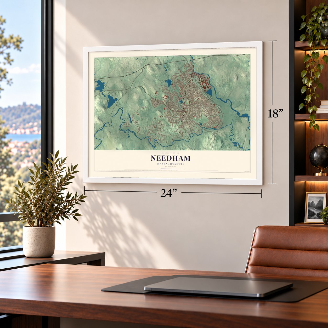 Needham, Massachusetts map, 18 x 24 inch print in a white frame in a home office