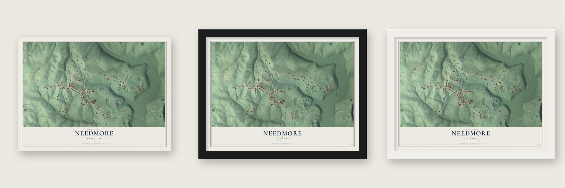 Needmore, Indiana map unframed, in a black wood frame and in a white wood frame