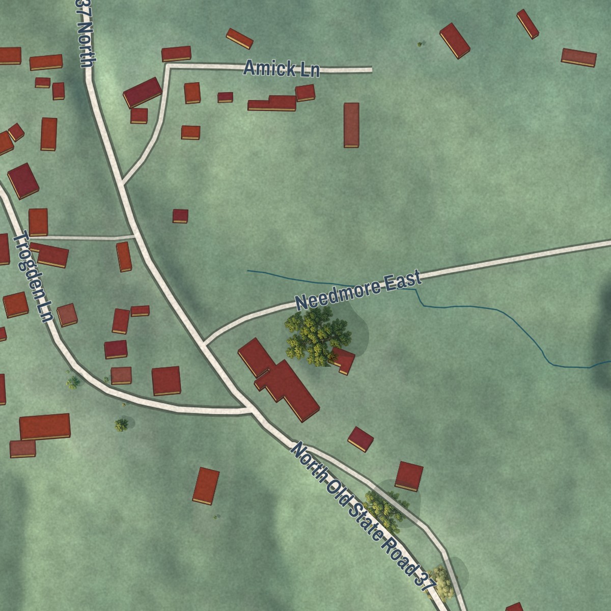 Second close-up of the map of Needmore, Indiana print showing more streets and buildings