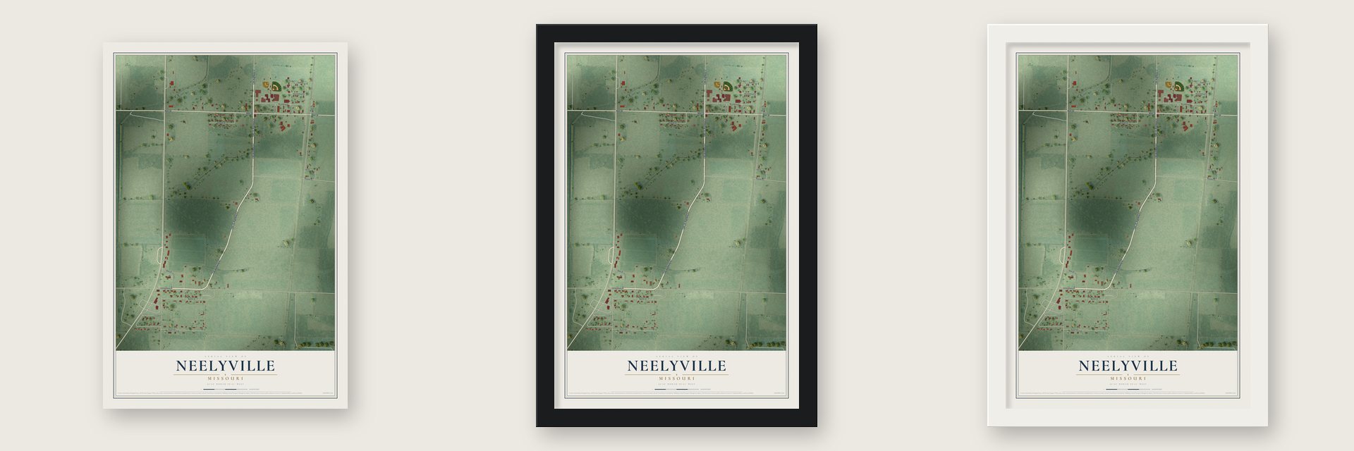 Neelyville, Missouri map unframed, in a black wood frame and in a white wood frame