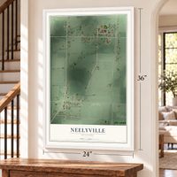 Neelyville, Missouri map, 24 x 36 inch print in a white frame by a staircase