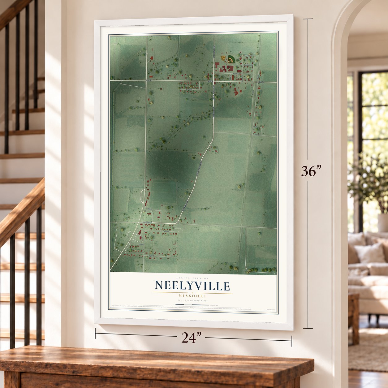 Neelyville, Missouri map, 24 x 36 inch print in a white frame by a staircase