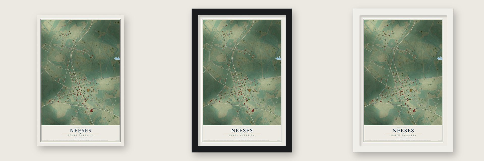 Neeses, South Carolina map unframed, in a black wood frame and in a white wood frame