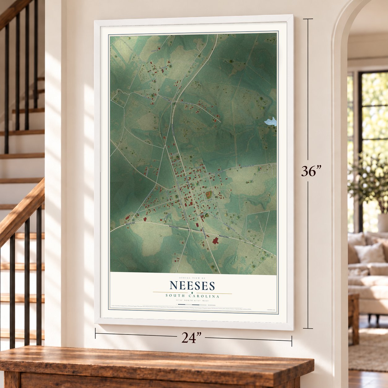 Neeses, South Carolina map, 24 x 36 inch print in a white frame by a staircase