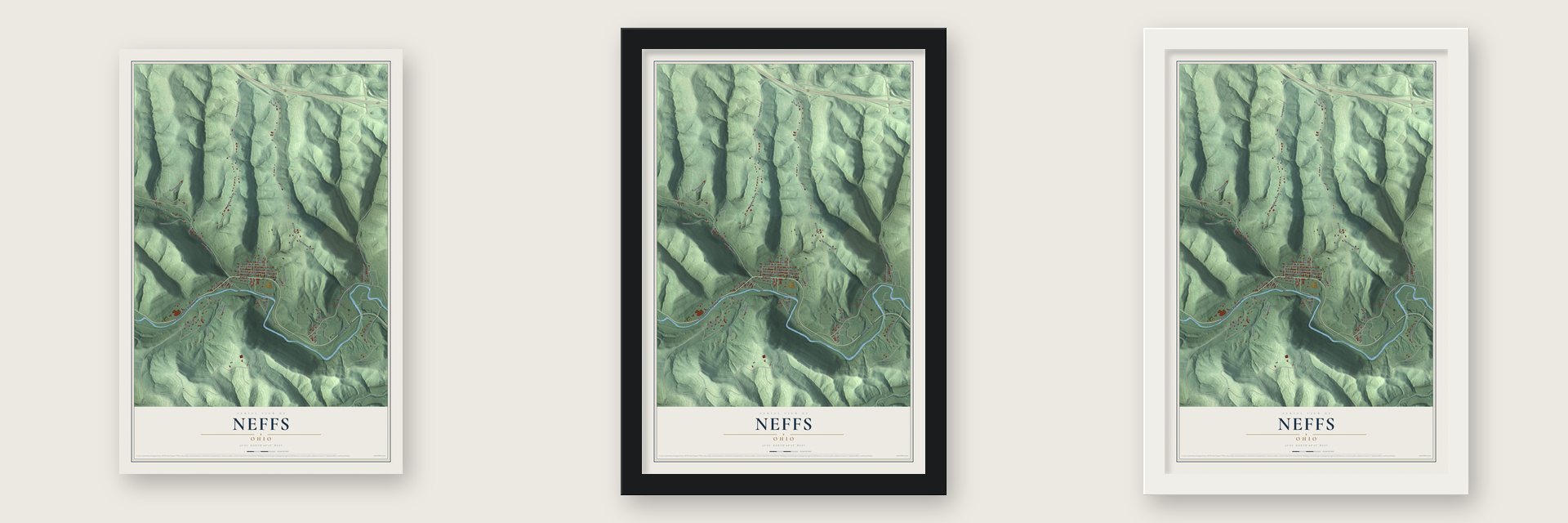 Neffs, Ohio map unframed, in a black wood frame and in a white wood frame