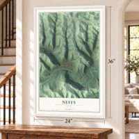 Neffs, Ohio map, 24 x 36 inch print in a white frame by a staircase