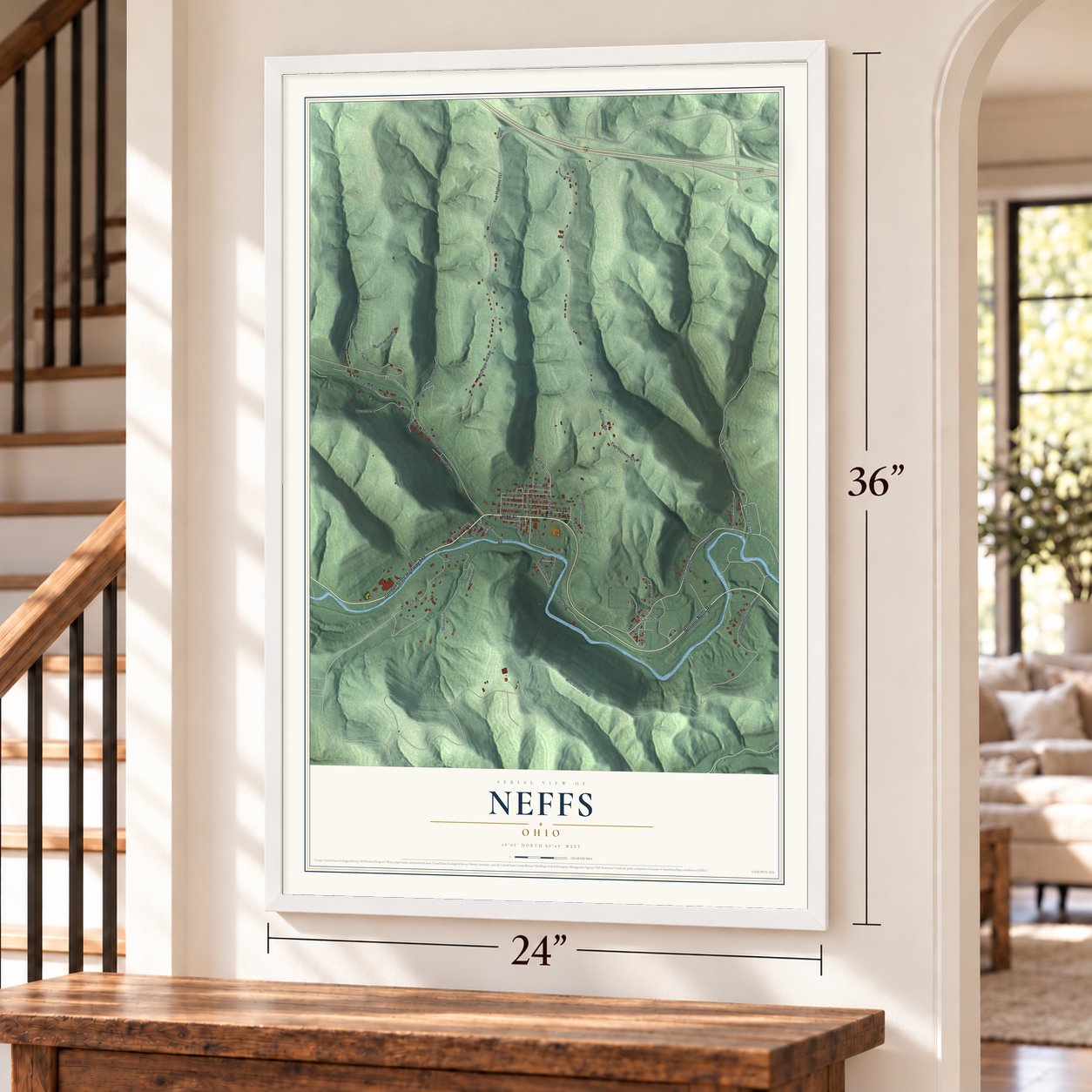Neffs, Ohio map, 24 x 36 inch print in a white frame by a staircase