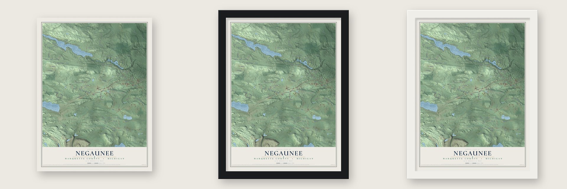 Negaunee, Marquette County, Michigan map unframed, in a black wood frame and in a white wood frame
