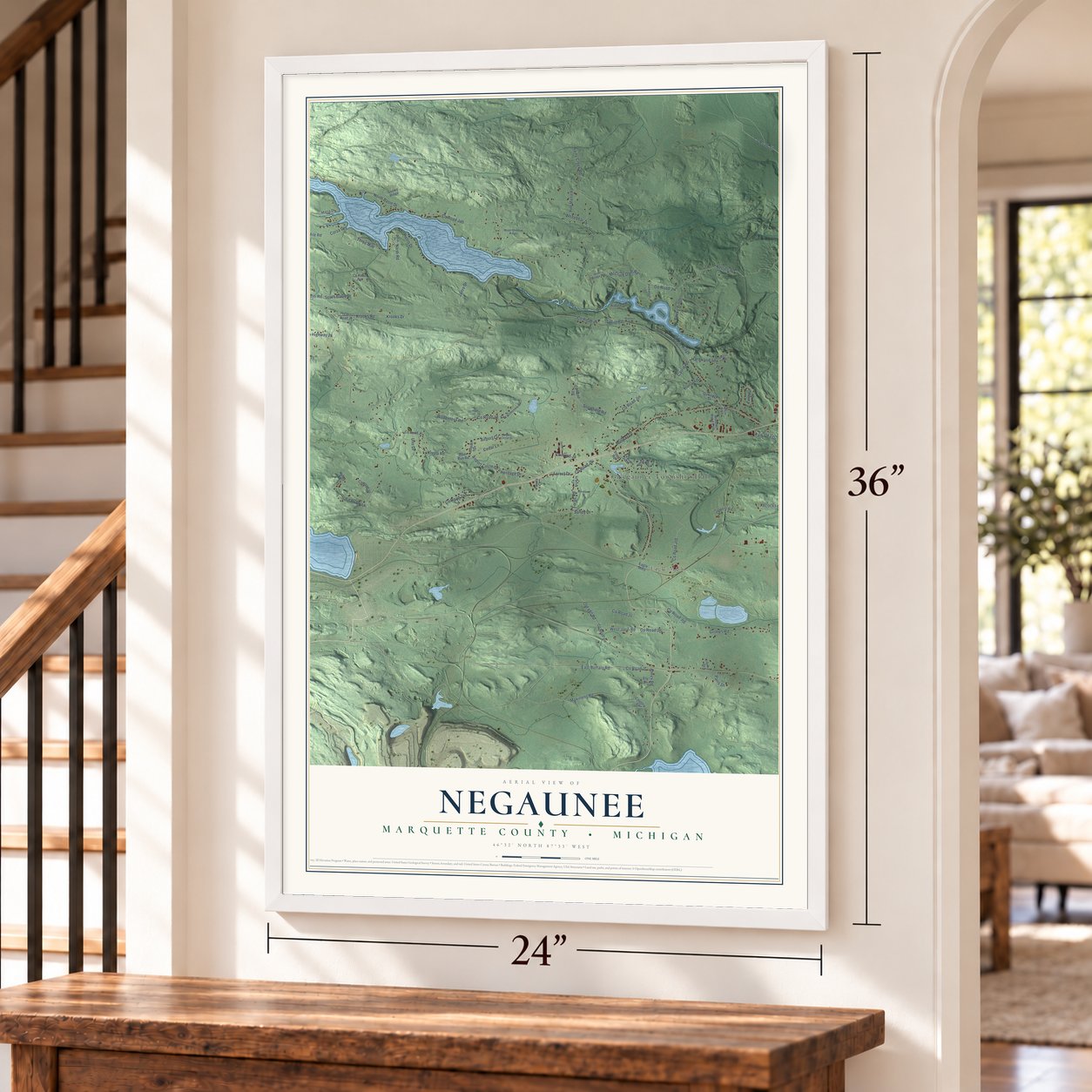 Negaunee, Marquette County, Michigan map, 24 x 36 inch print in a white frame by a staircase