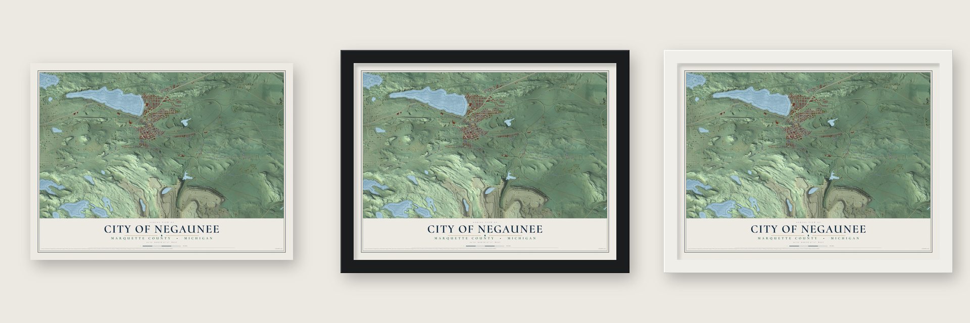 Negaunee, Michigan map unframed, in a black wood frame and in a white wood frame