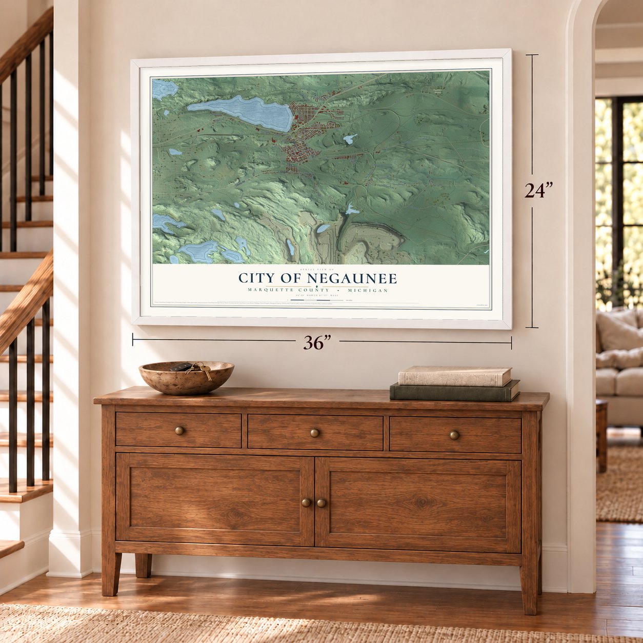 Negaunee, Michigan map, 24 x 36 inch print in a white frame above a dresser by a staircase
