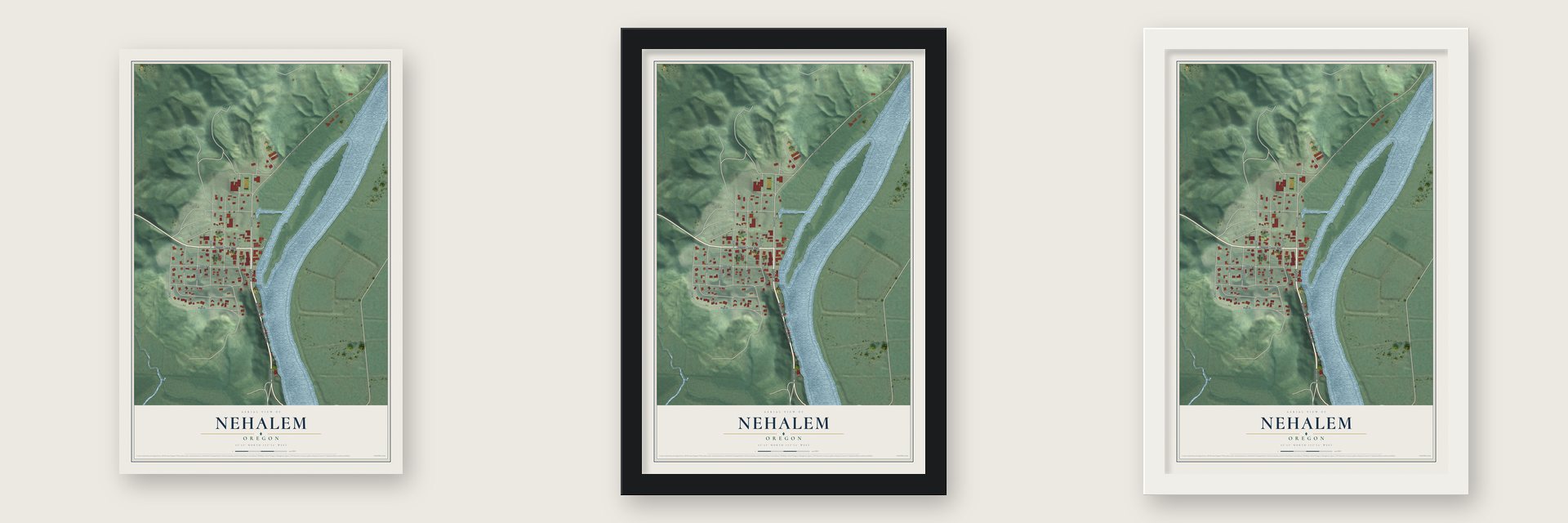 Nehalem, Oregon map unframed, in a black wood frame and in a white wood frame