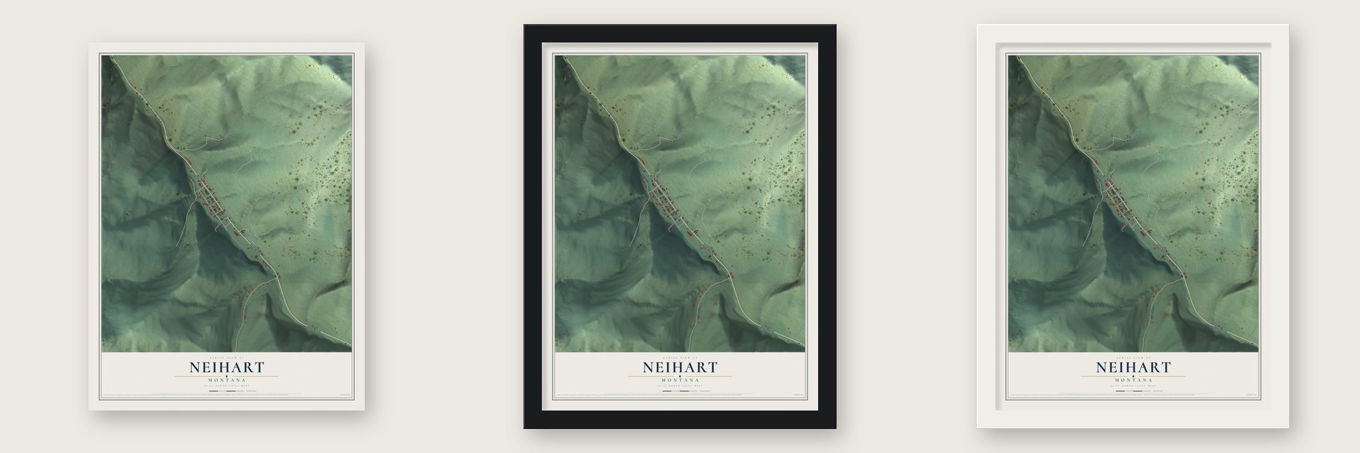 Neihart, Montana map unframed, in a black wood frame and in a white wood frame
