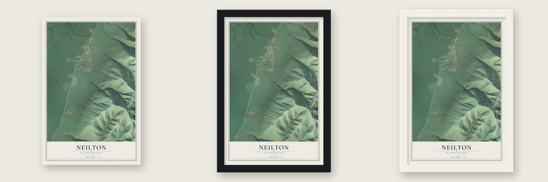 Neilton, Washington map unframed, in a black wood frame and in a white wood frame
