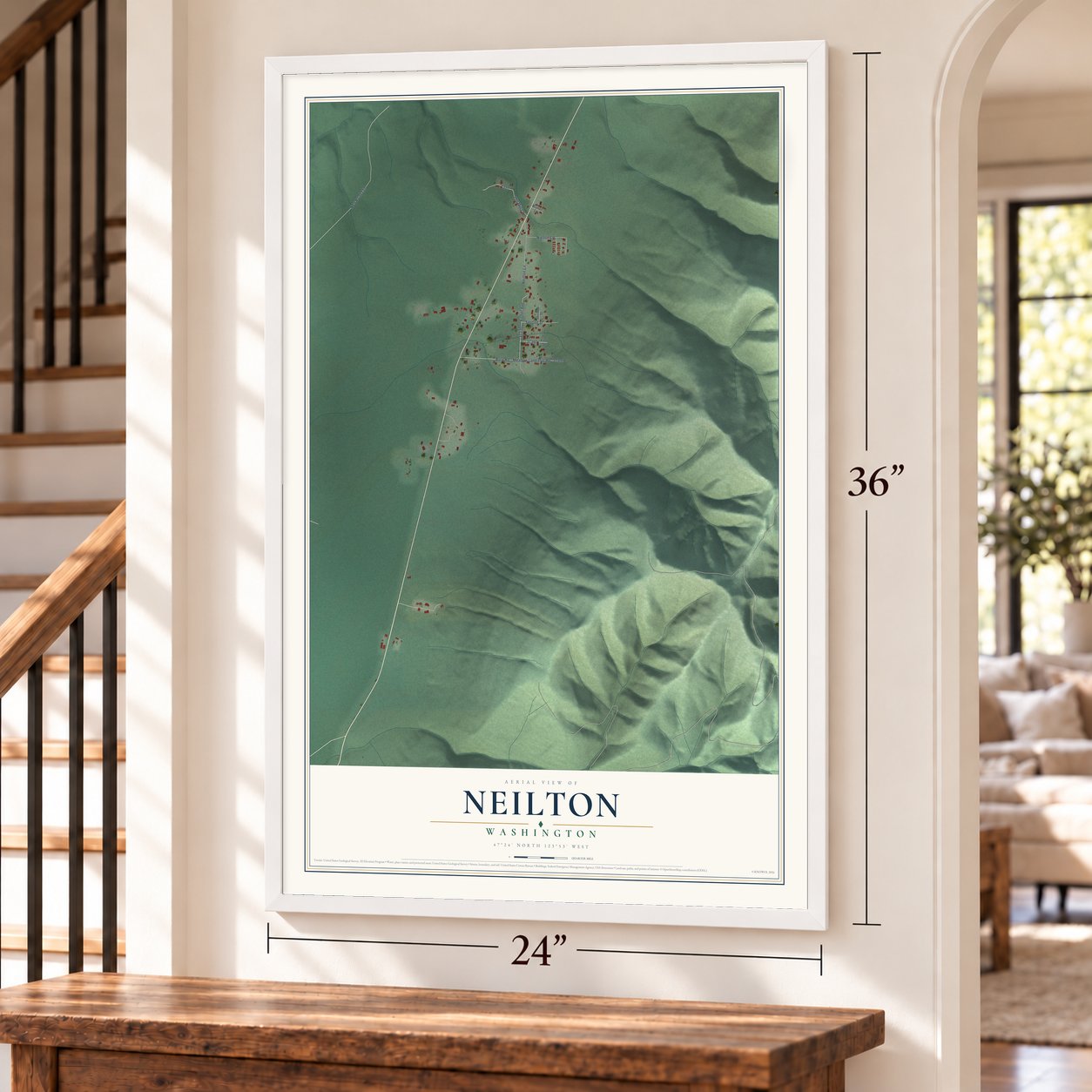 Neilton, Washington map, 24 x 36 inch print in a white frame by a staircase