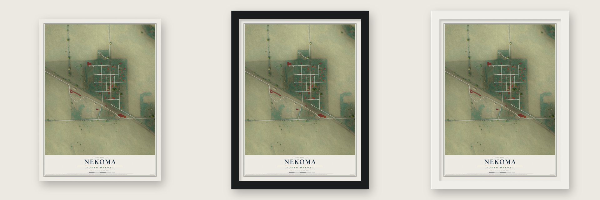 Nekoma, North Dakota map unframed, in a black wood frame and in a white wood frame