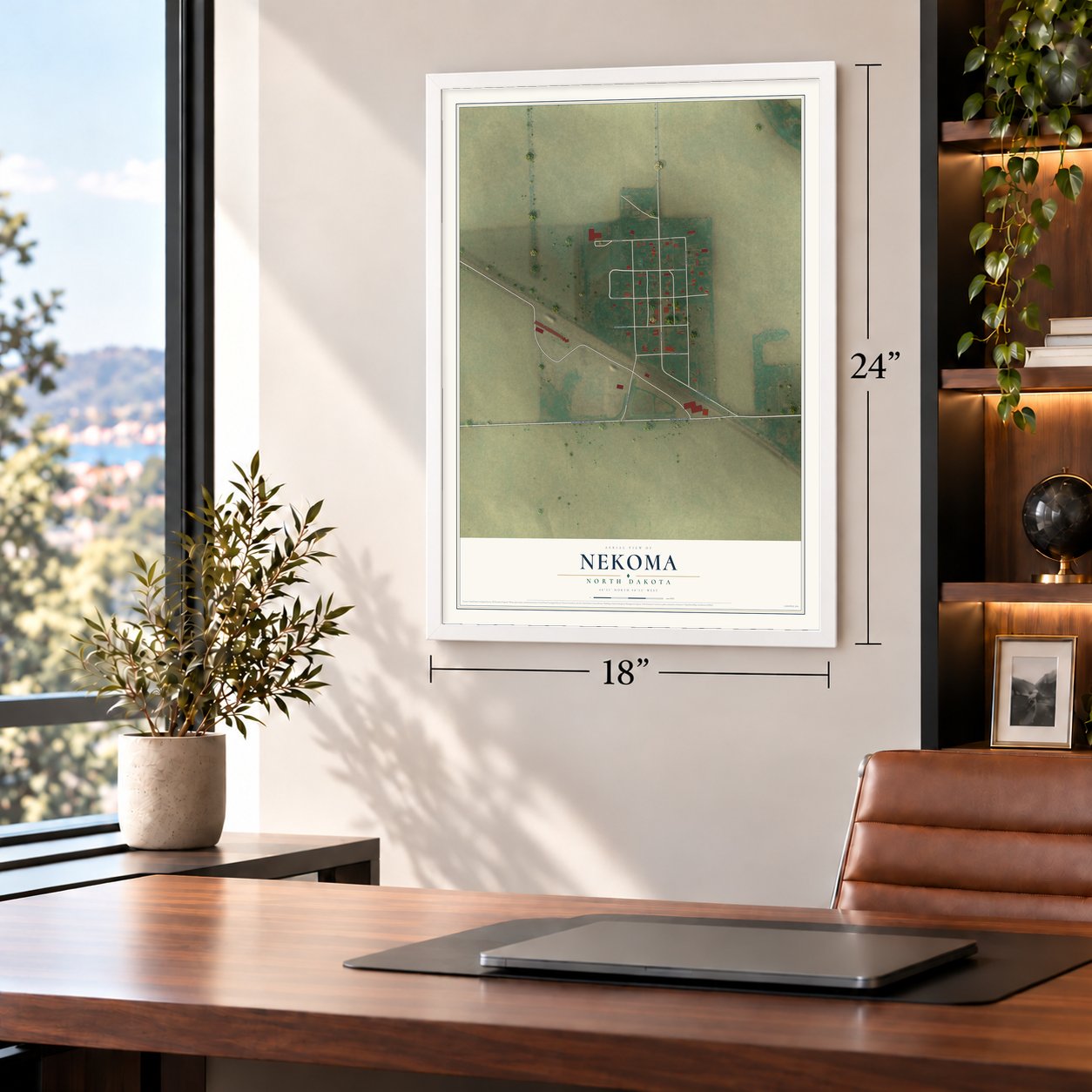 Nekoma, North Dakota map, 18 x 24 inch print in a white frame in a home office