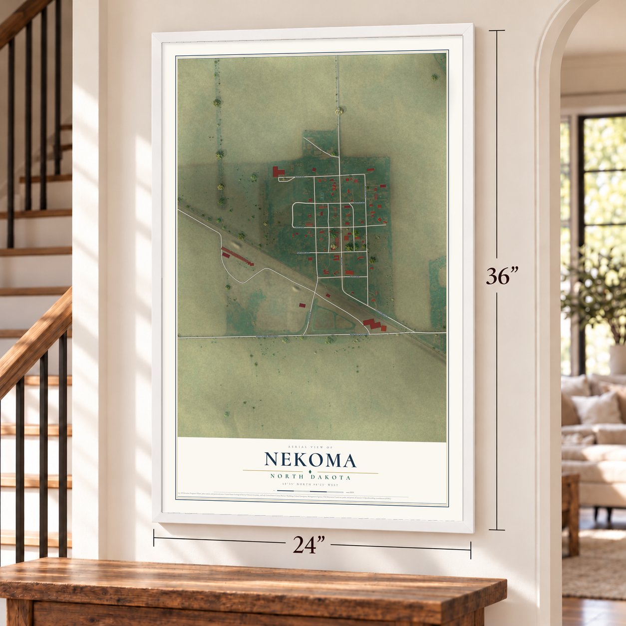 Nekoma, North Dakota map, 24 x 36 inch print in a white frame by a staircase