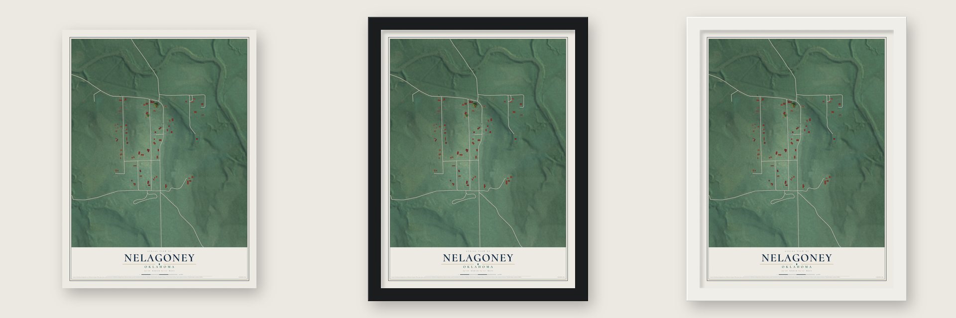 Nelagoney, Oklahoma map unframed, in a black wood frame and in a white wood frame