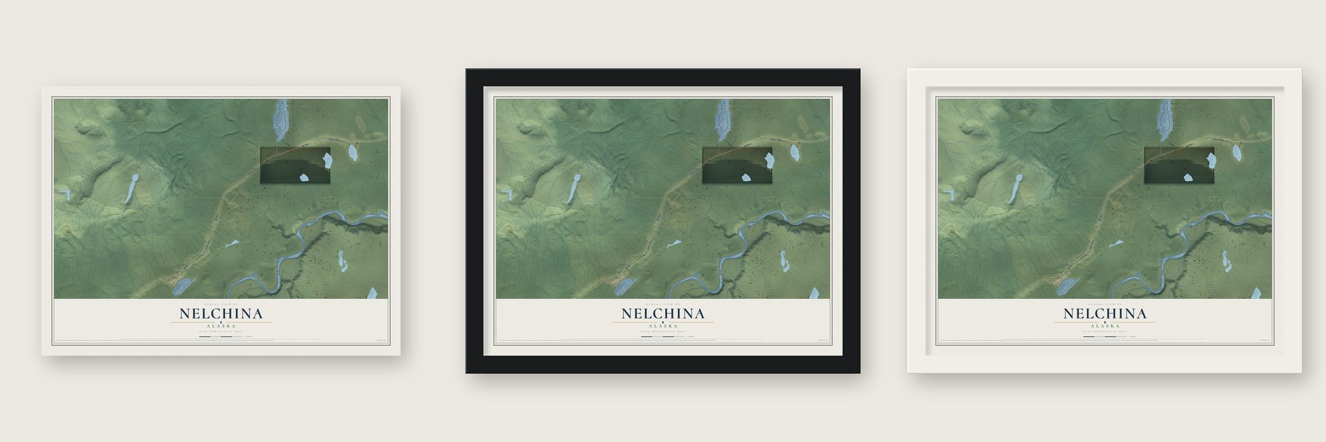 Nelchina, Alaska map unframed, in a black wood frame and in a white wood frame