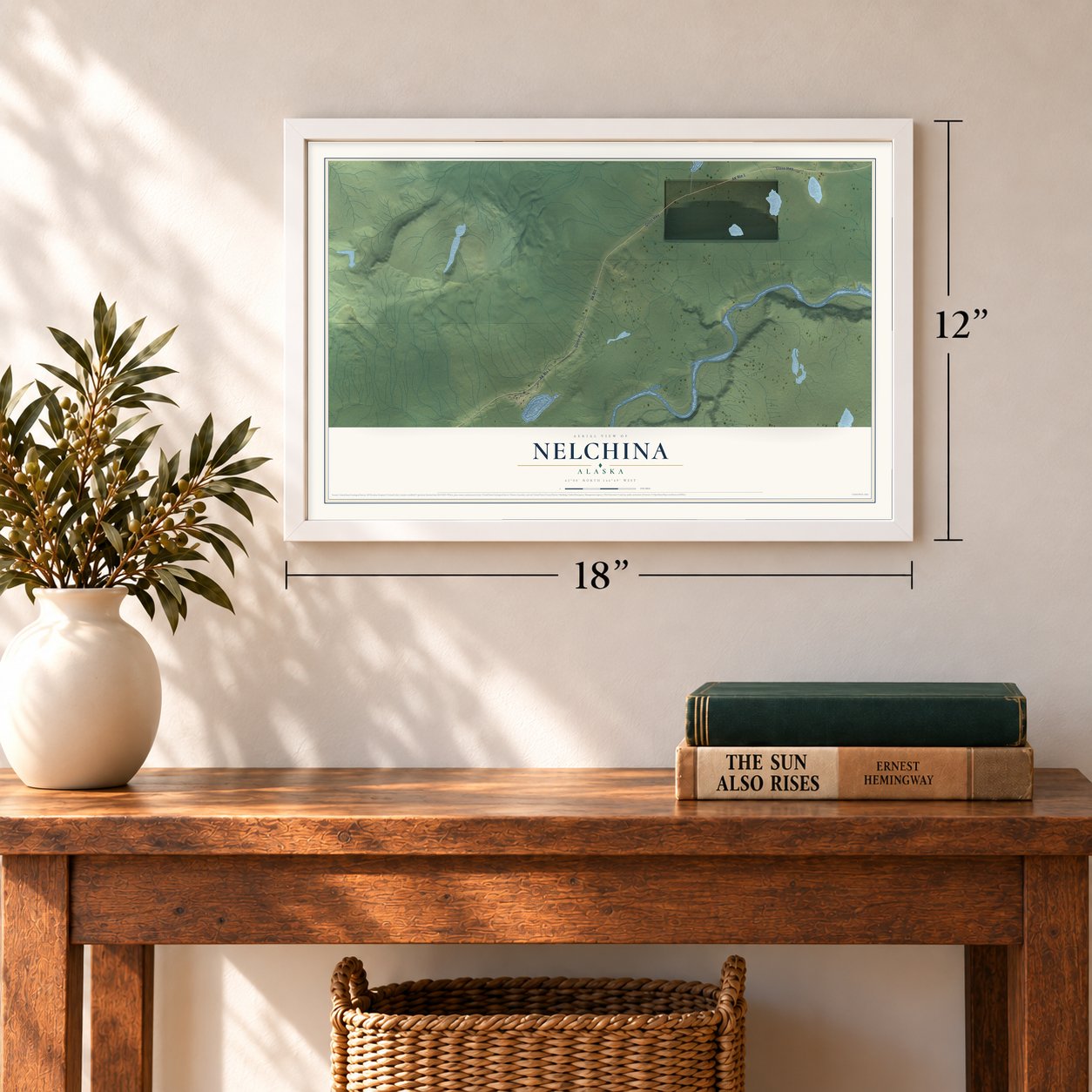 Nelchina, Alaska map, 12 x 18 inch print in a white frame in an entryway