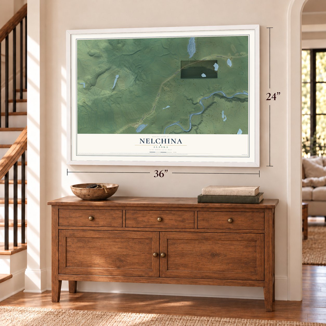 Nelchina, Alaska map, 24 x 36 inch print in a white frame above a dresser by a staircase
