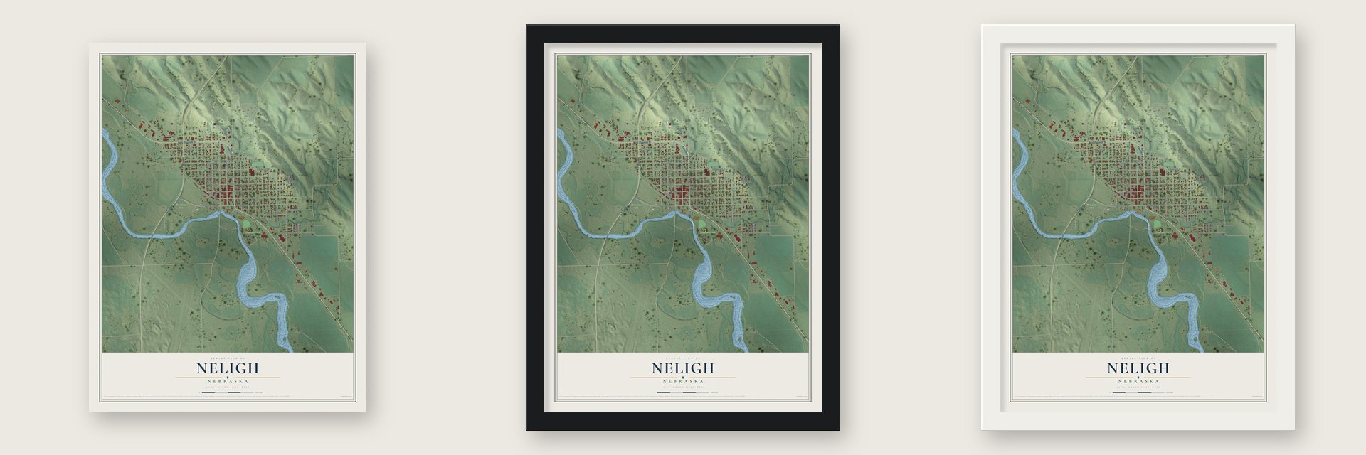 Neligh, Nebraska map unframed, in a black wood frame and in a white wood frame