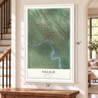 Neligh, Nebraska map, 24 x 36 inch print in a white frame by a staircase