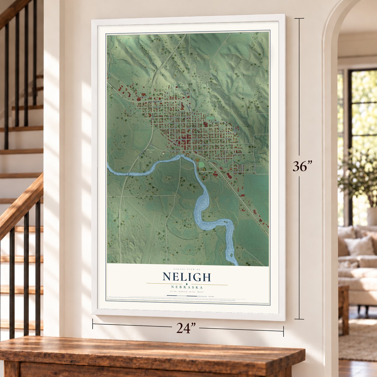 Neligh, Nebraska map, 24 x 36 inch print in a white frame by a staircase
