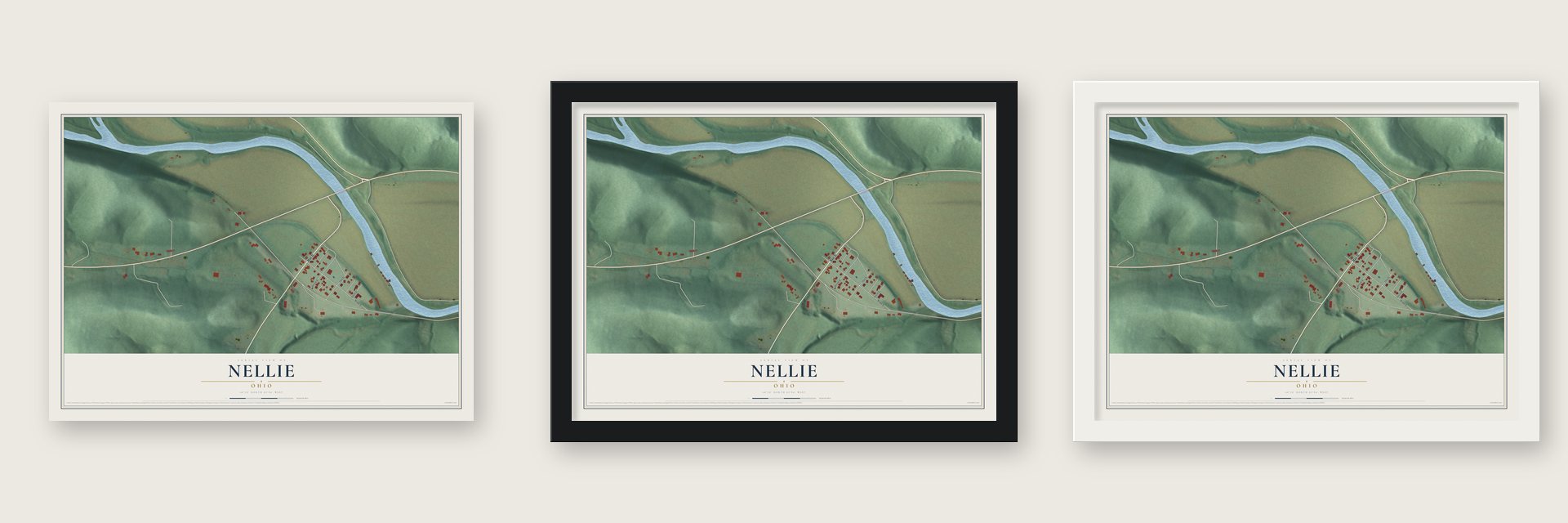 Nellie, Ohio map unframed, in a black wood frame and in a white wood frame
