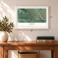 Nellie, Ohio map, 12 x 18 inch print in a white frame in an entryway