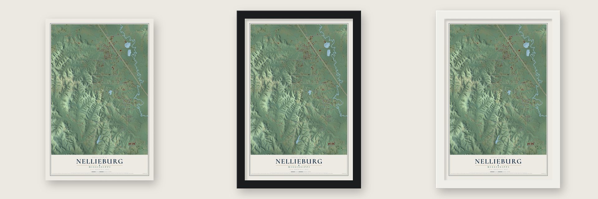 Nellieburg, Mississippi map unframed, in a black wood frame and in a white wood frame