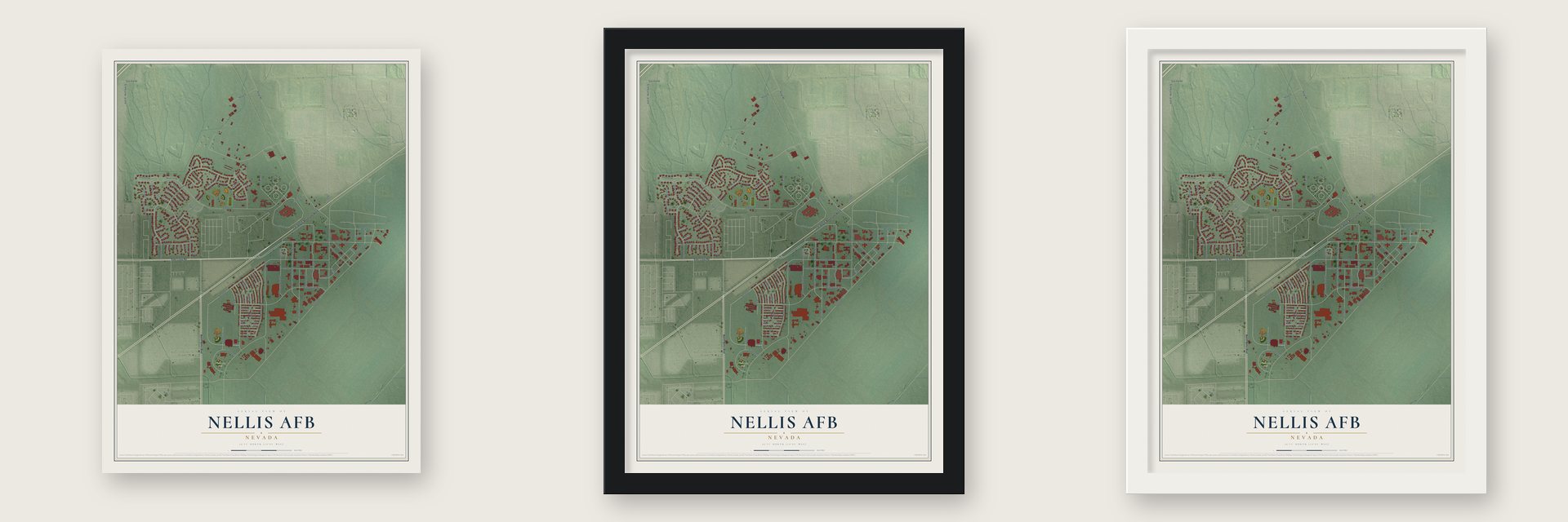 Nellis AFB, Nevada map unframed, in a black wood frame and in a white wood frame