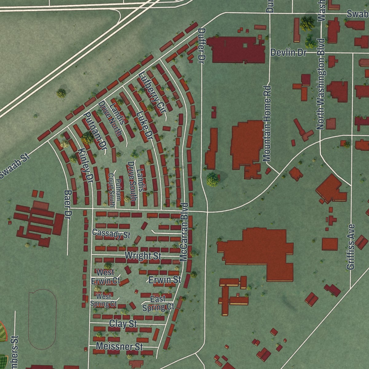Second close-up of the map of Nellis AFB, Nevada print showing more streets and buildings