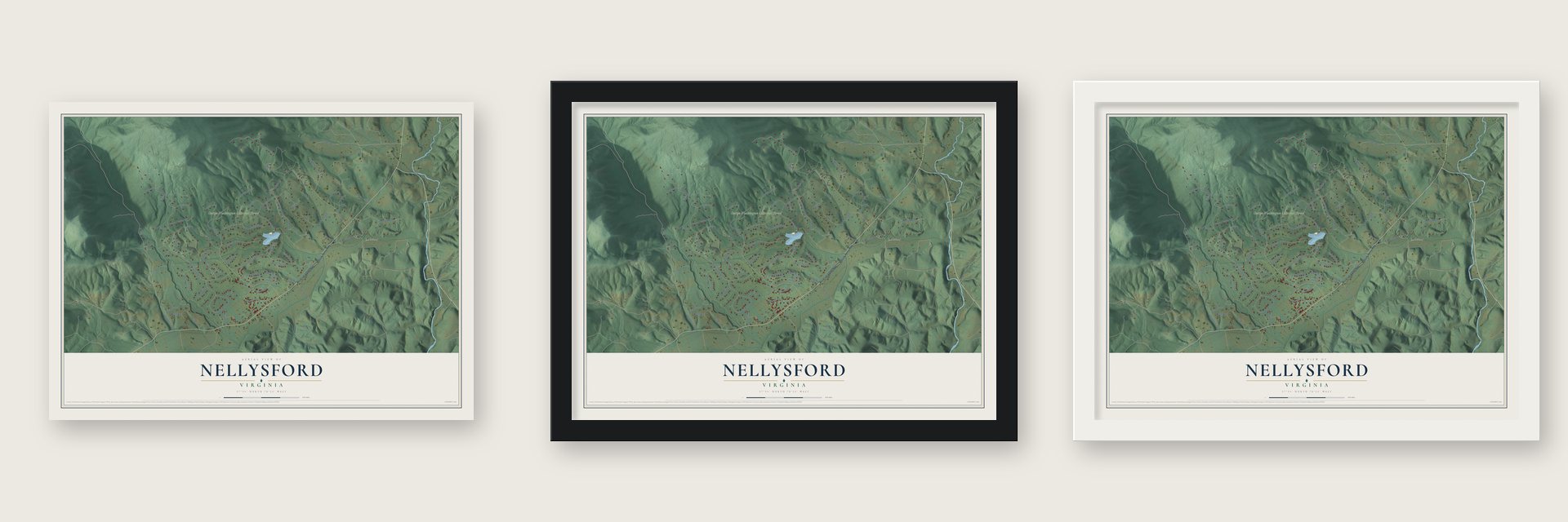 Nellysford, Virginia map unframed, in a black wood frame and in a white wood frame