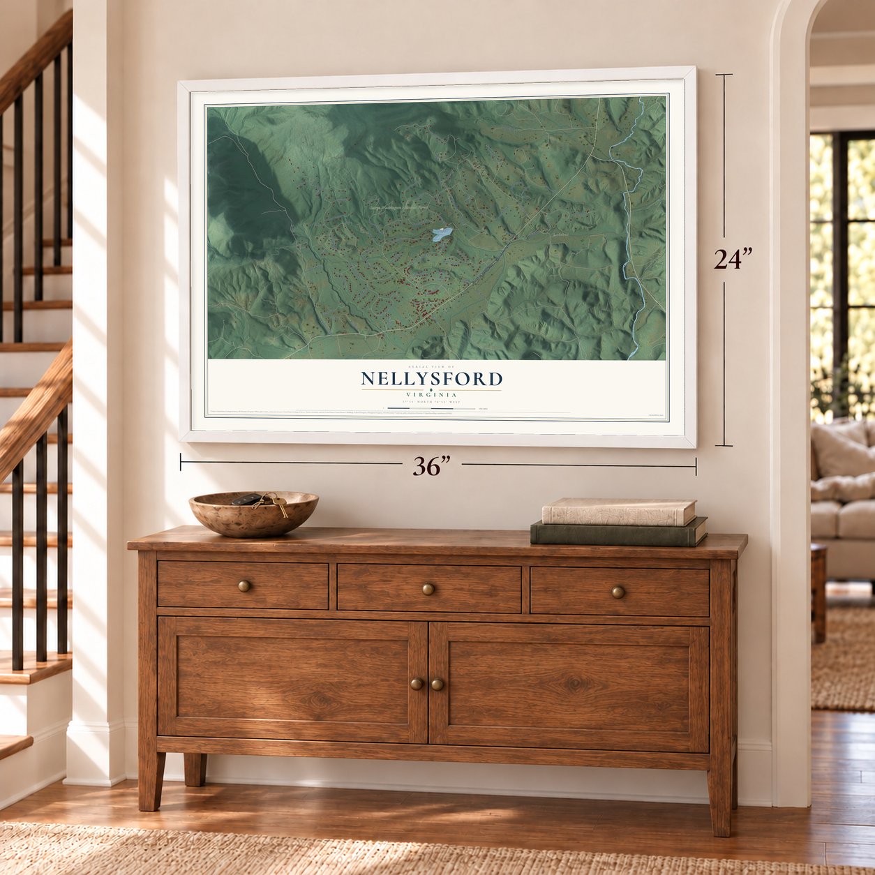 Nellysford, Virginia map, 24 x 36 inch print in a white frame above a dresser by a staircase