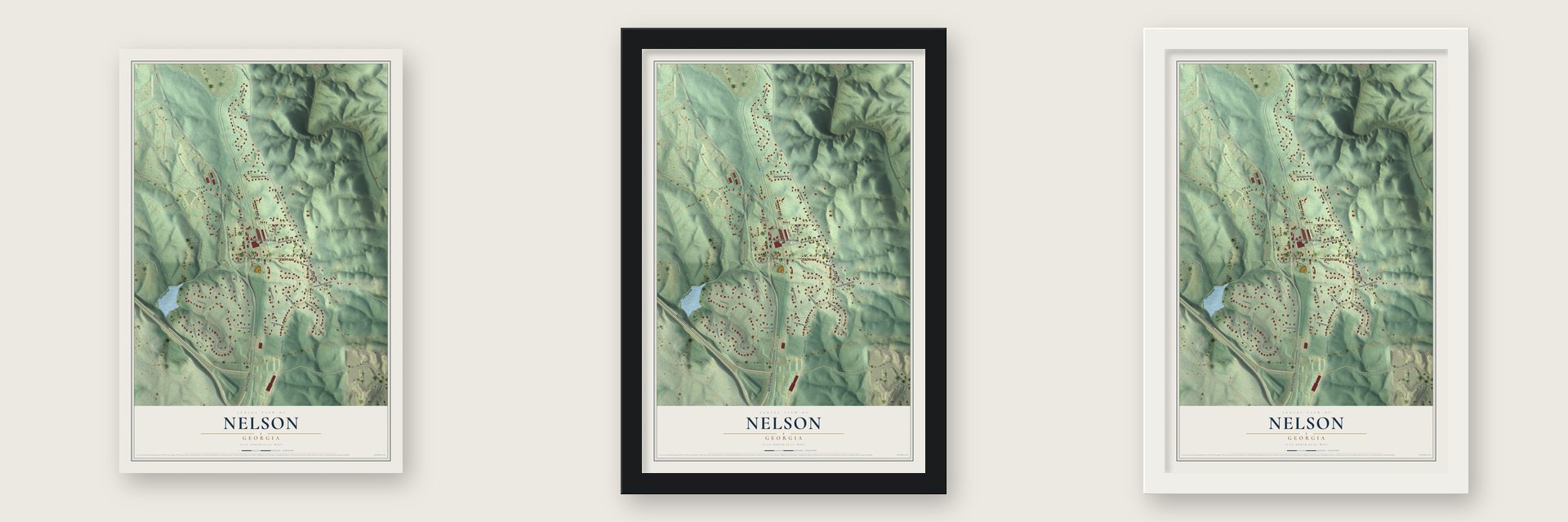 Nelson, Georgia map unframed, in a black wood frame and in a white wood frame