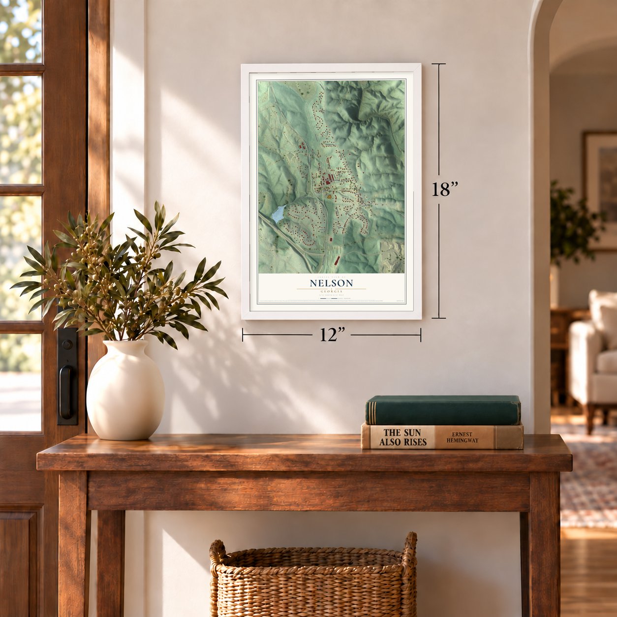 Nelson, Georgia map, 12 x 18 inch print in a white frame in an entryway